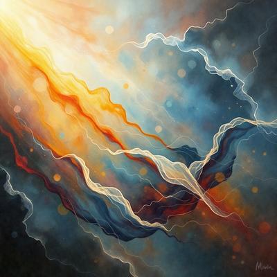 The primary subject of the image is a painting of a sunset. The setting is a cloudy sky, and the visual style is a digital art or illustration. The dominant colors in the painting are orange, blue, and red, creating a warm and vibrant atmosphere.